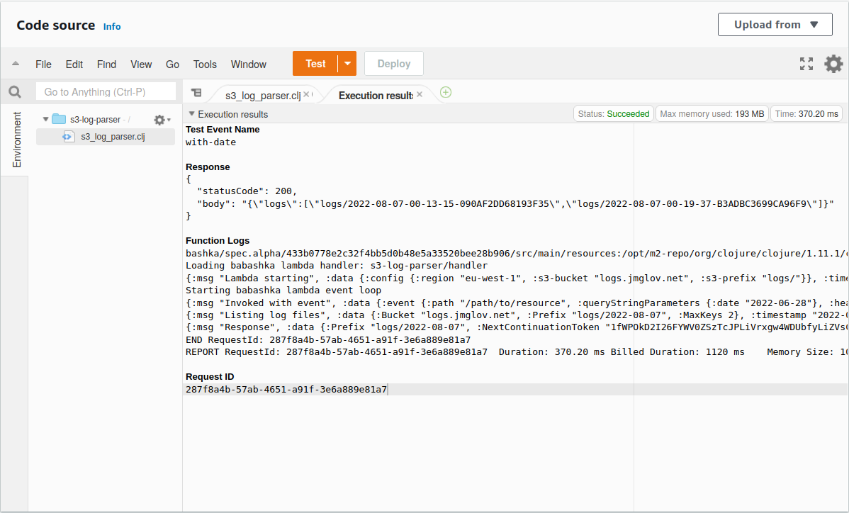 The lambda console showing a successful test result