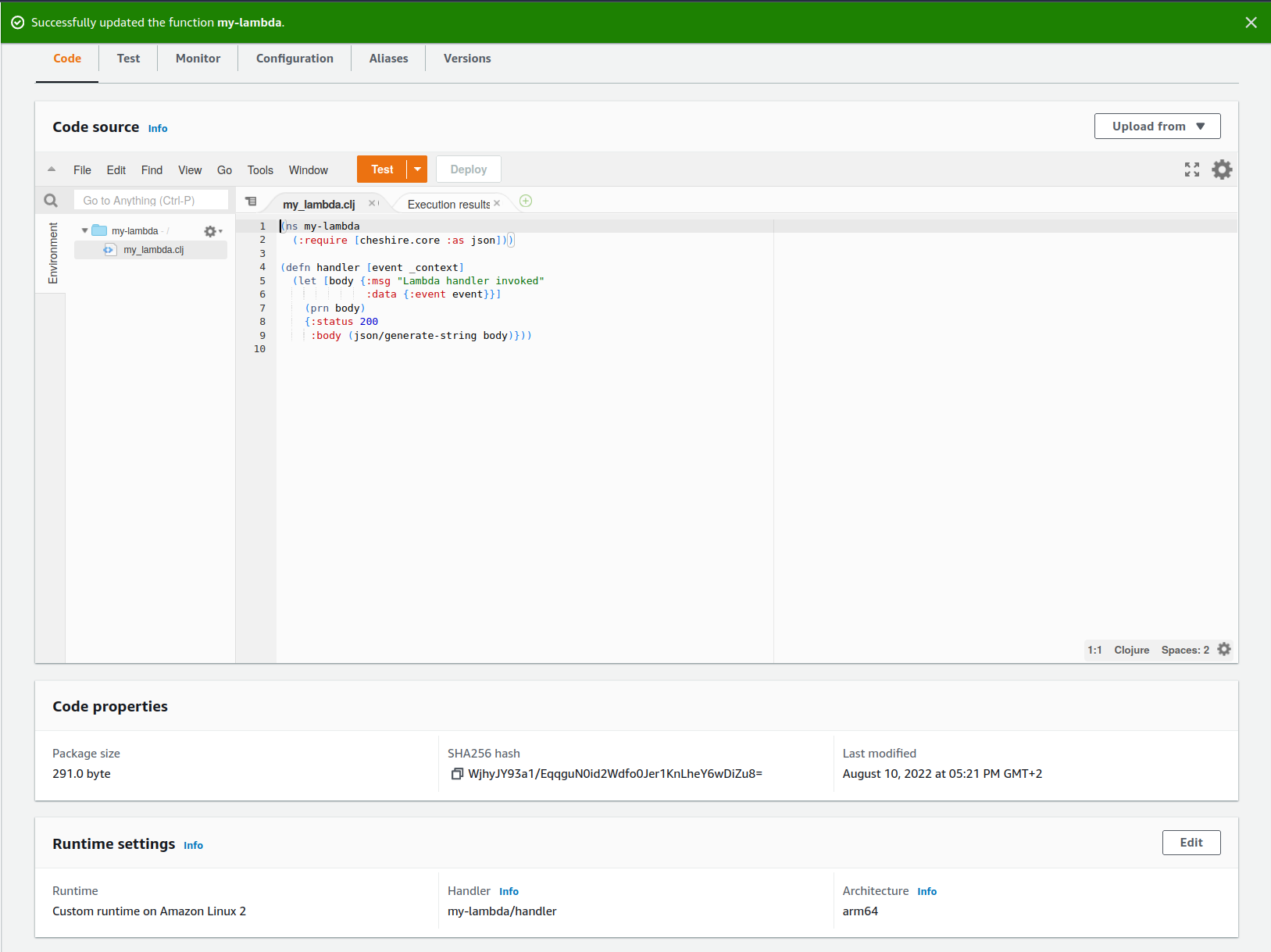 AWS Lambda console showing the code described above