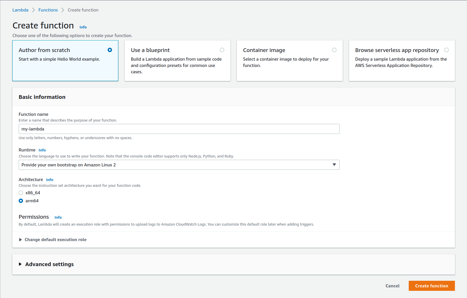 AWS Lambda console showing create function dialog