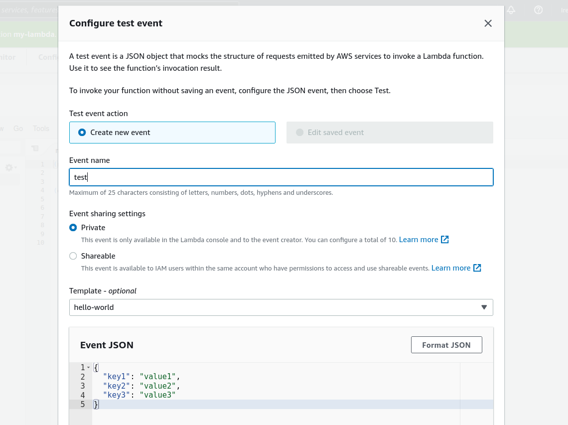 AWS Lambda console showing a simple JSON test event