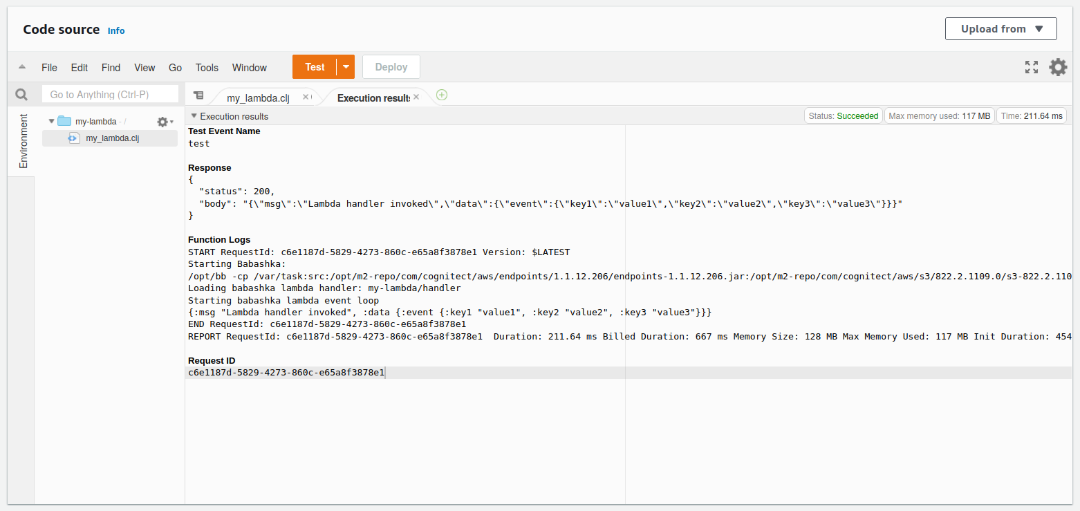 AWS Lambda console showing a successful lambda execution