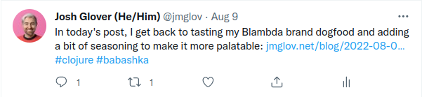 A tweet with a link to one of my blog posts which is just a URL