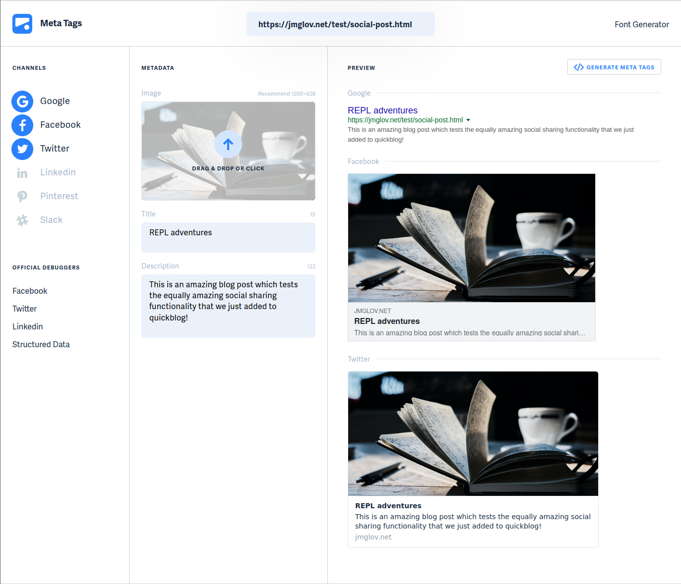 The metatags.io site showing a preview of the social sharing card for our test page