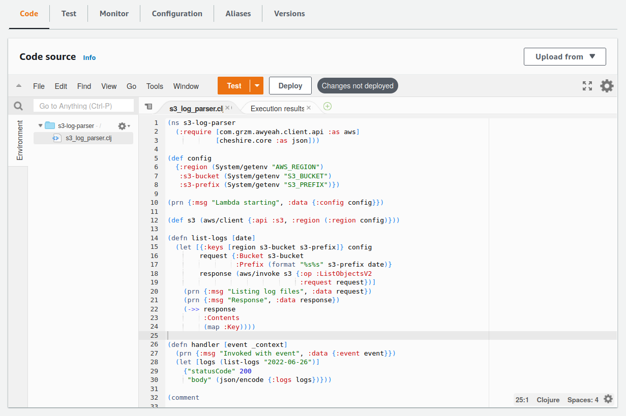 Screenshot of the Code source tab in the Lambda
console
