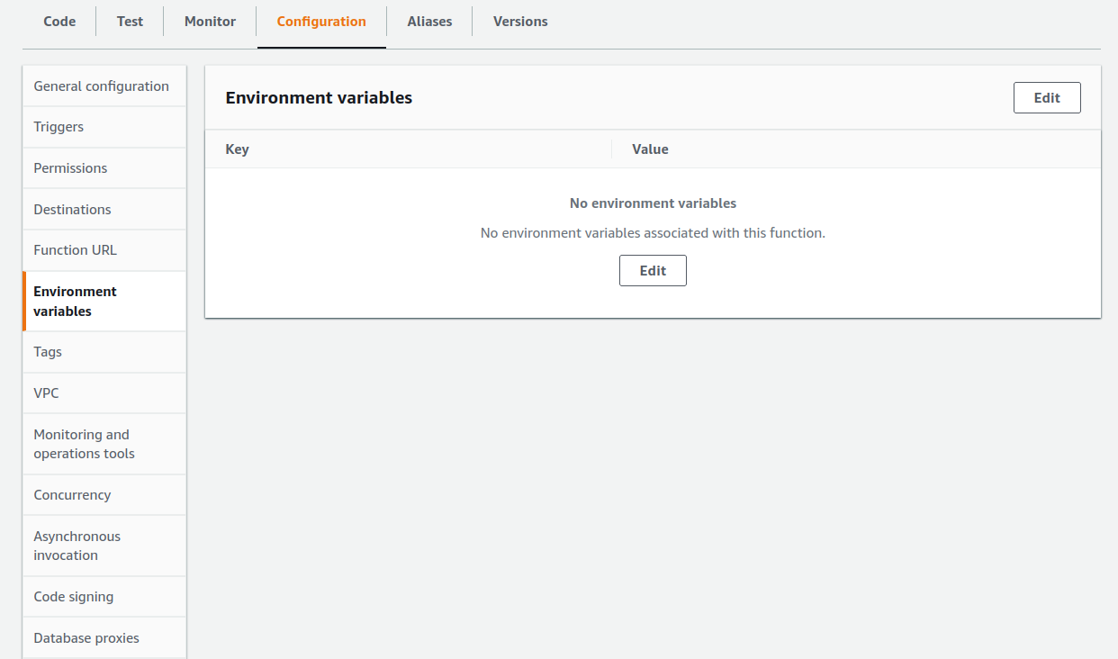 Screenshot of the Configuration tab in the Lambda
console