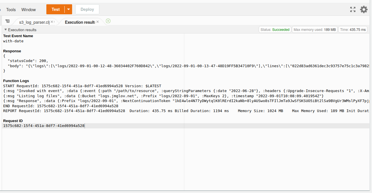 Screenshot of the AWS Lambda console showing a successful test
result
