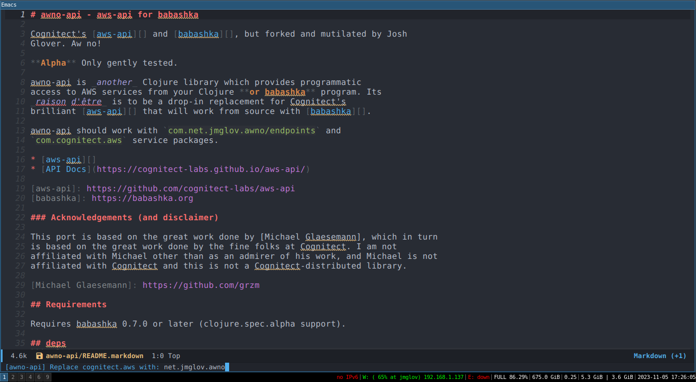 Emacs prompting to replace cognitect.aws with net.jmglov.awno