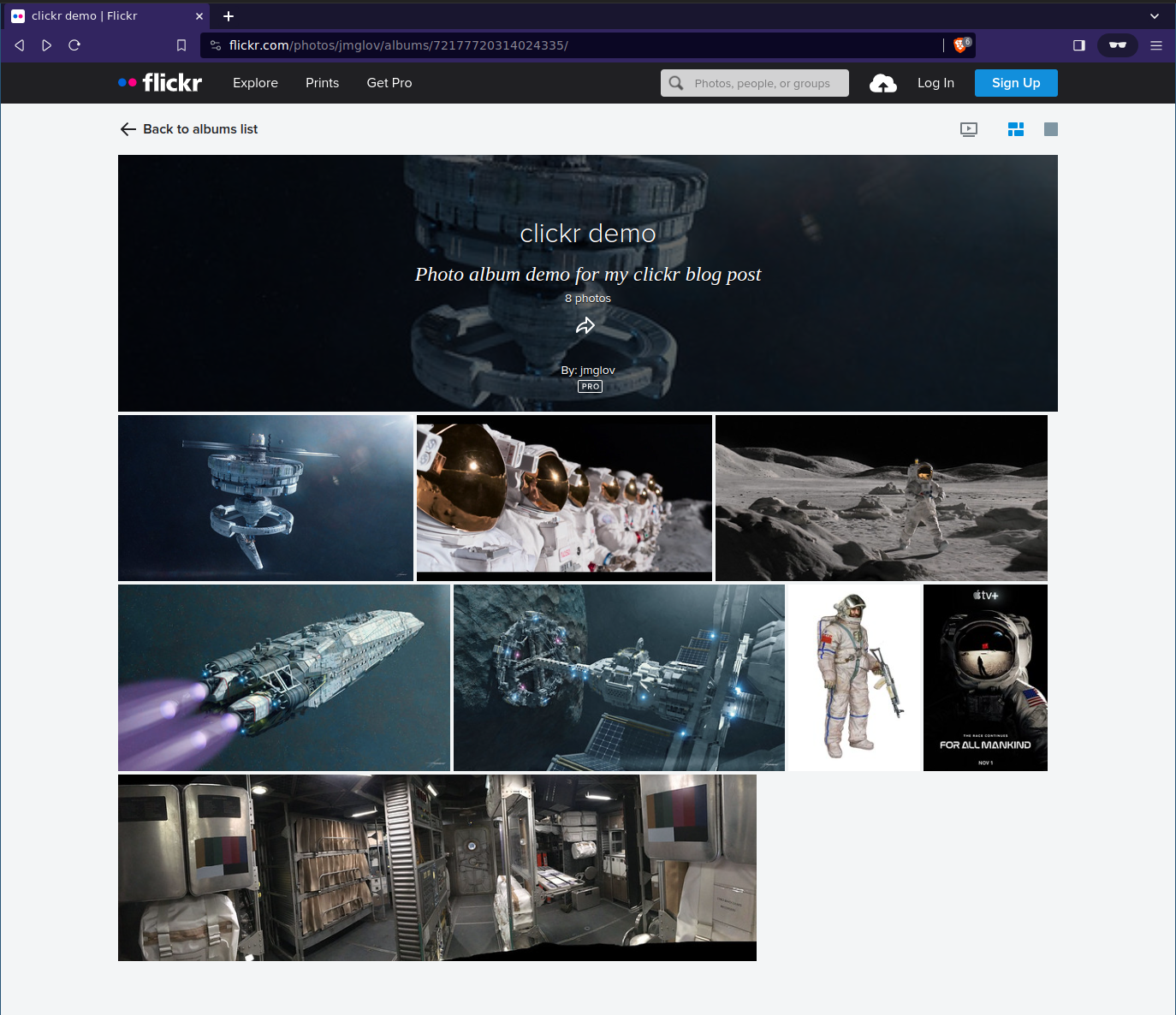 The Flickr site, displaying the photos in the clickr demo album