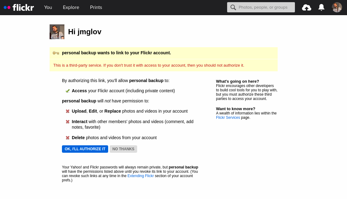 A prompt to authorize an app to my Flickr account