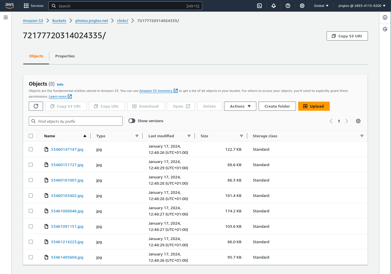 The AWS S3 console, displaying the files we uploaded as a table of text