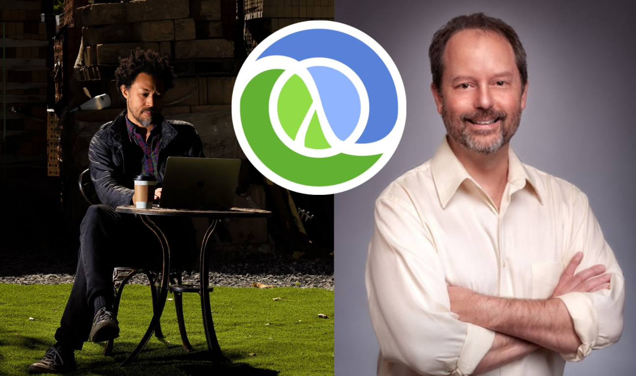 A photo of David Nolen and Mike Fikes with a ClojureScript logo