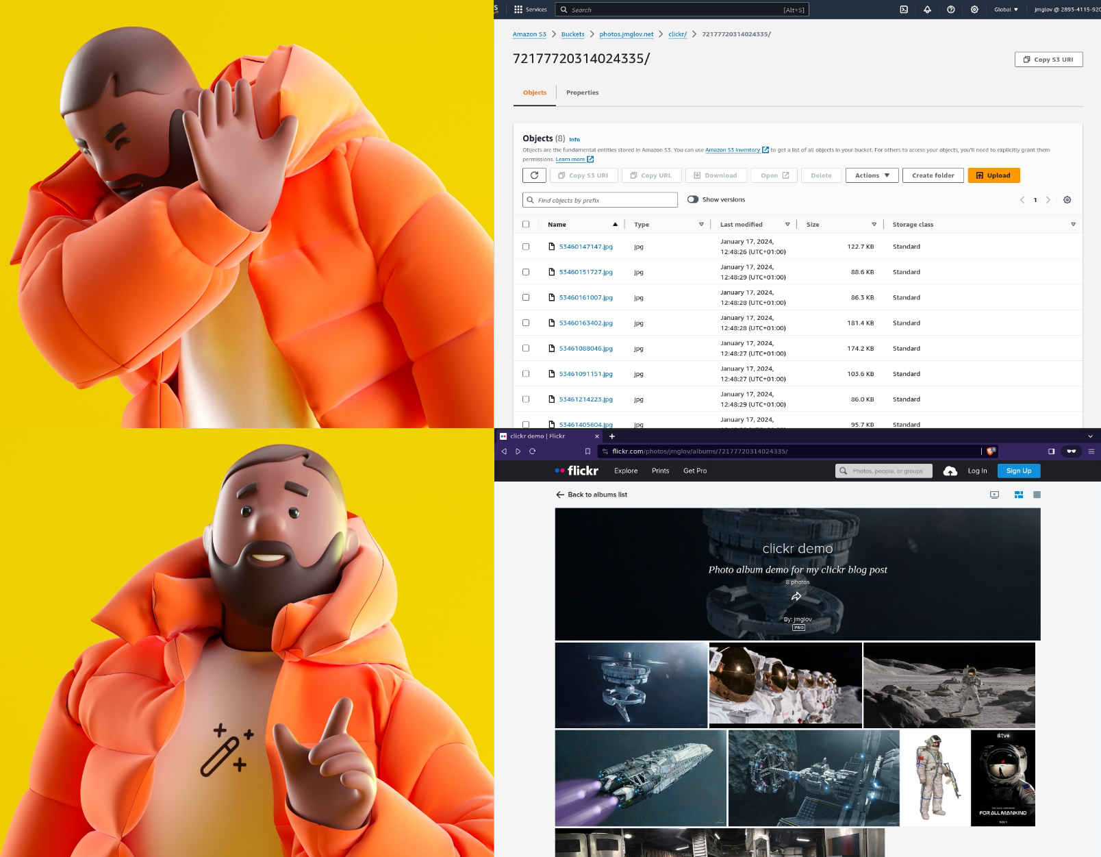 A cartoon version of the Drake hotline bling meme: Drake is disgusted by the
S3 console and delighted by the Flickr UI