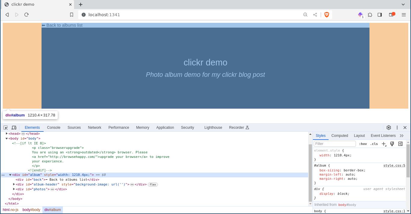 The album webpage with the album div 80% of the window width