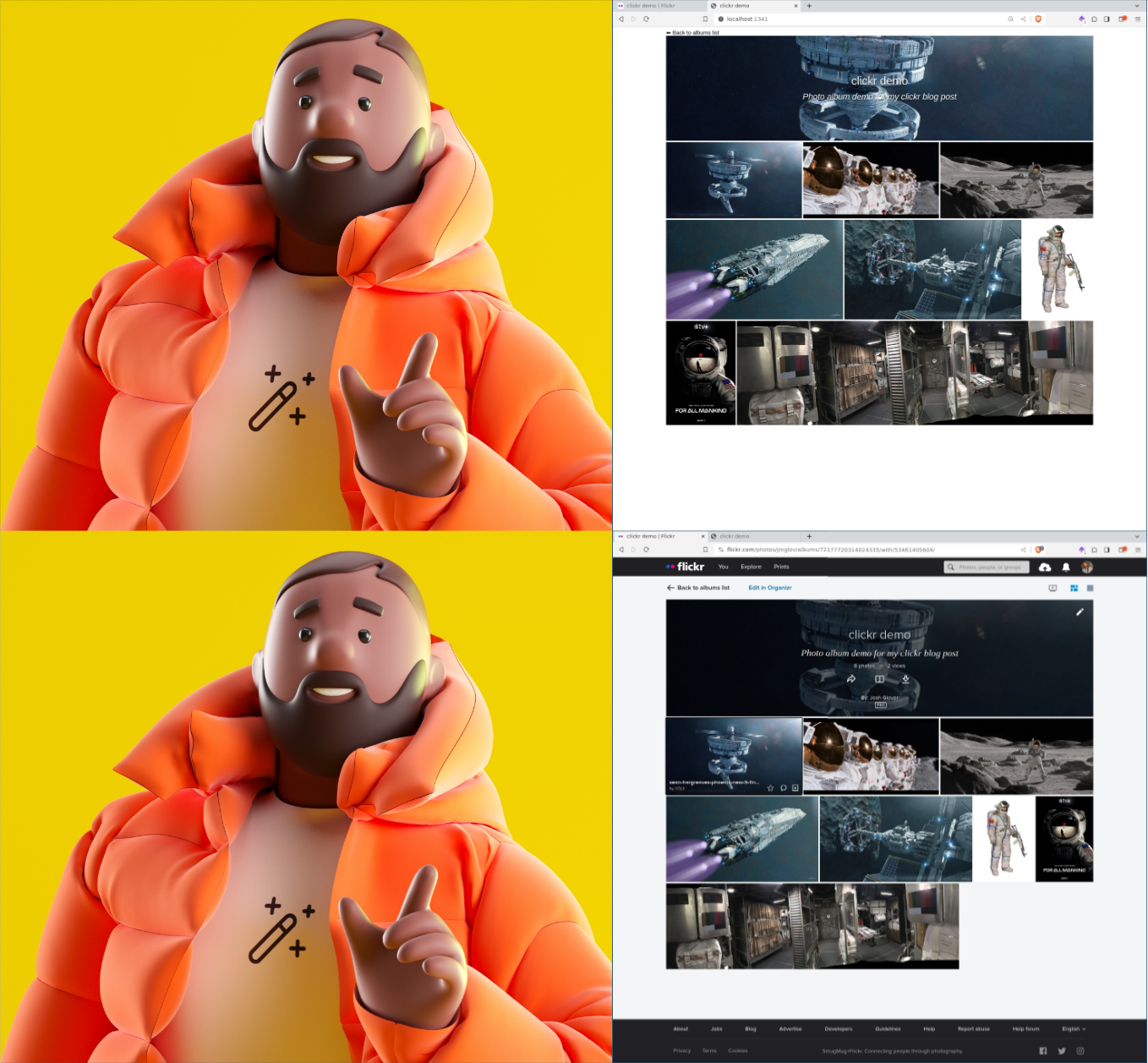 A cartoon version of the Drake hotline bling meme: Drake is delighted by our album and delighted by the Flickr UI