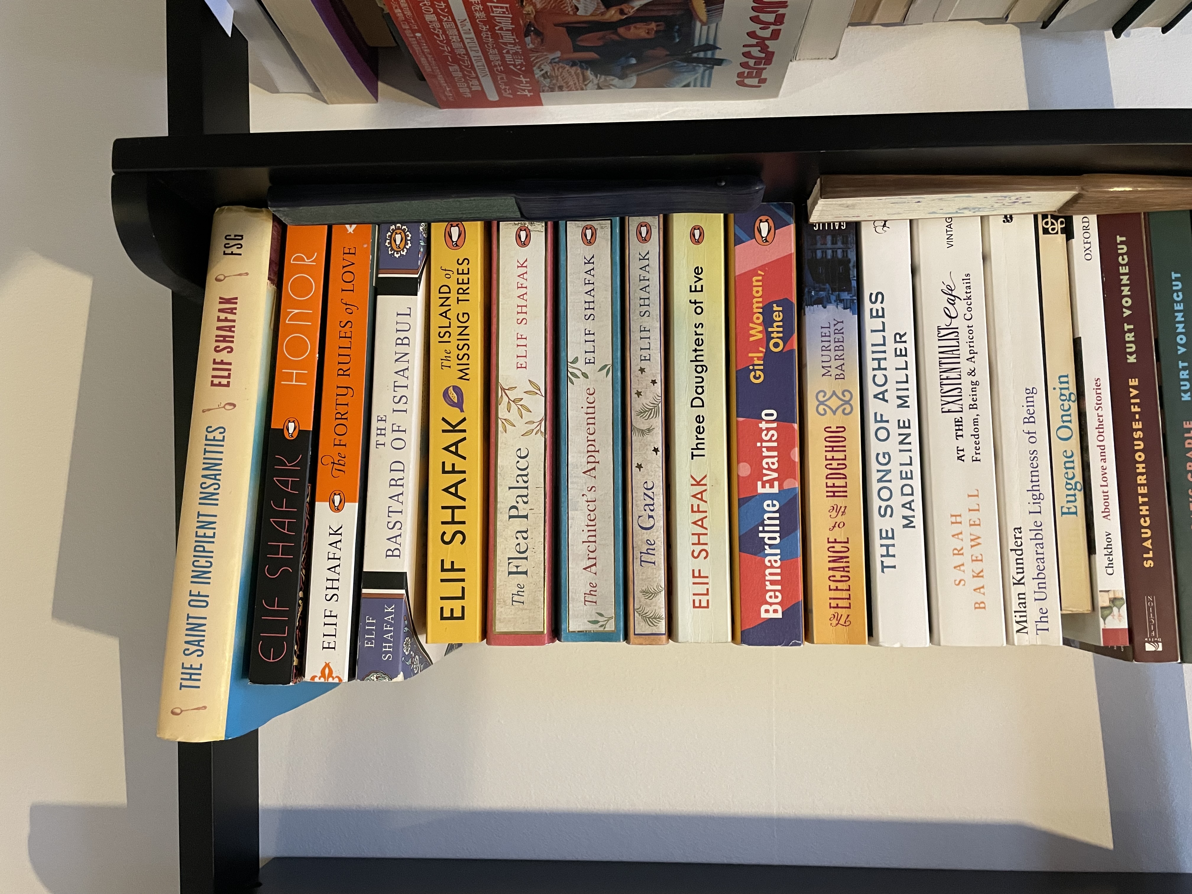 A portion of a bookshelf holding many books by Elif Şafak
