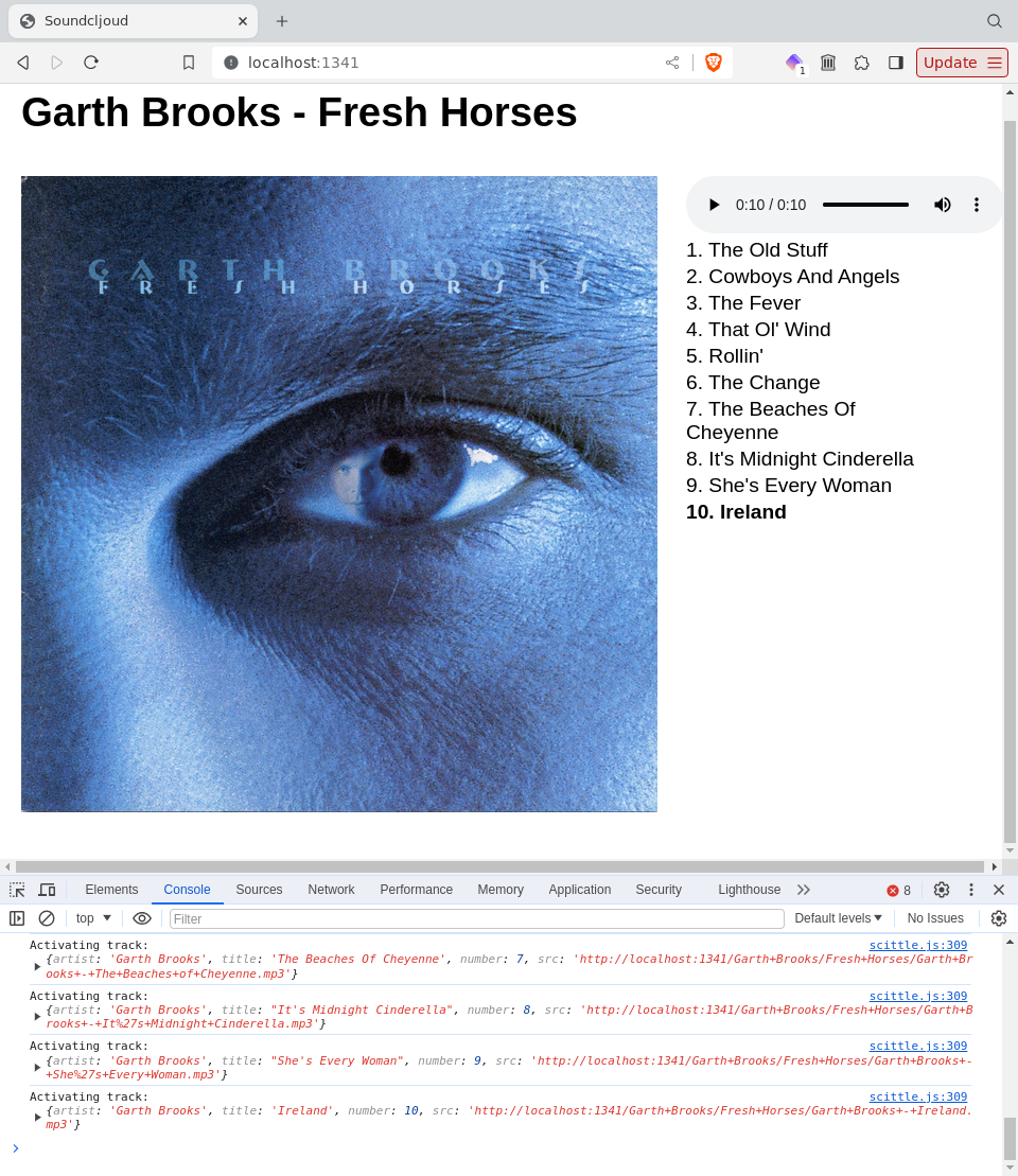Screenshot of our UI with the last track highlighted and the console showing activating track for all previous tracks