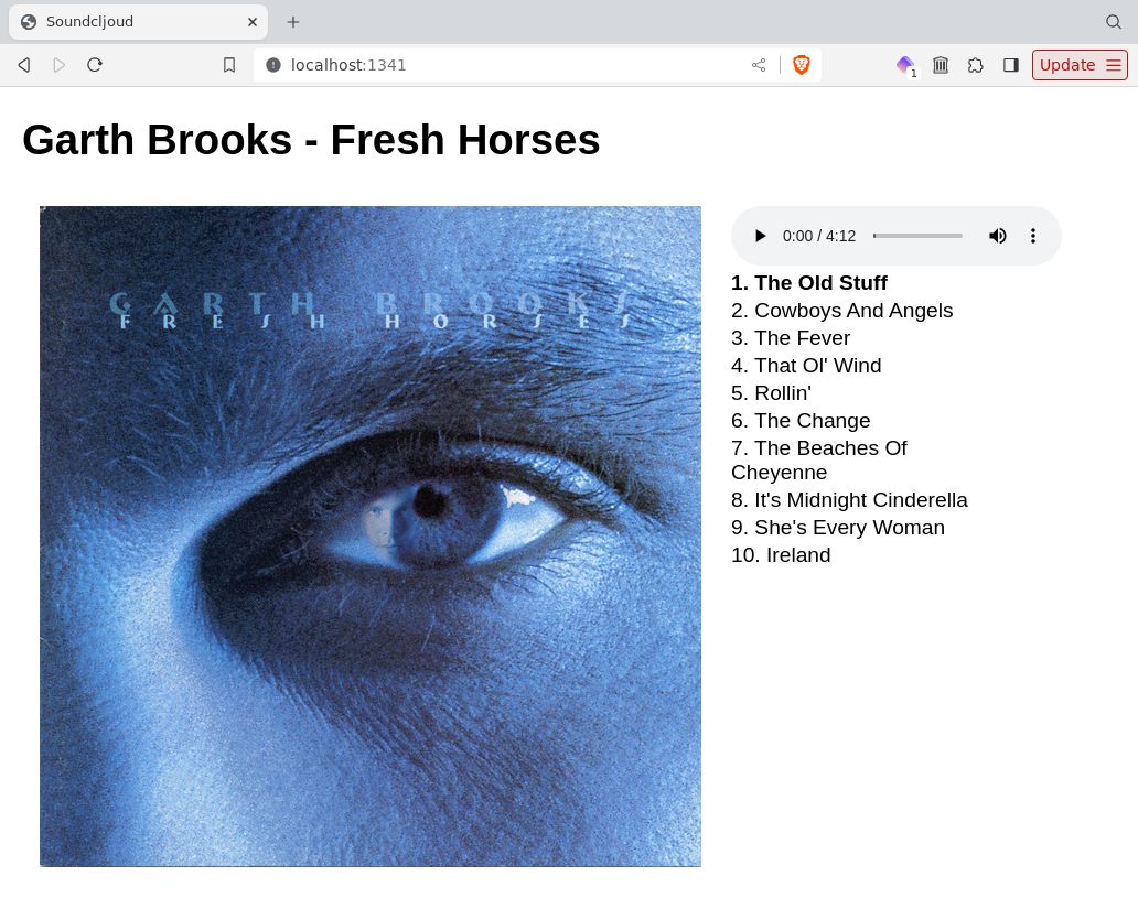 Screenshot of our UI with the first track highlighted and loaded in the audio element