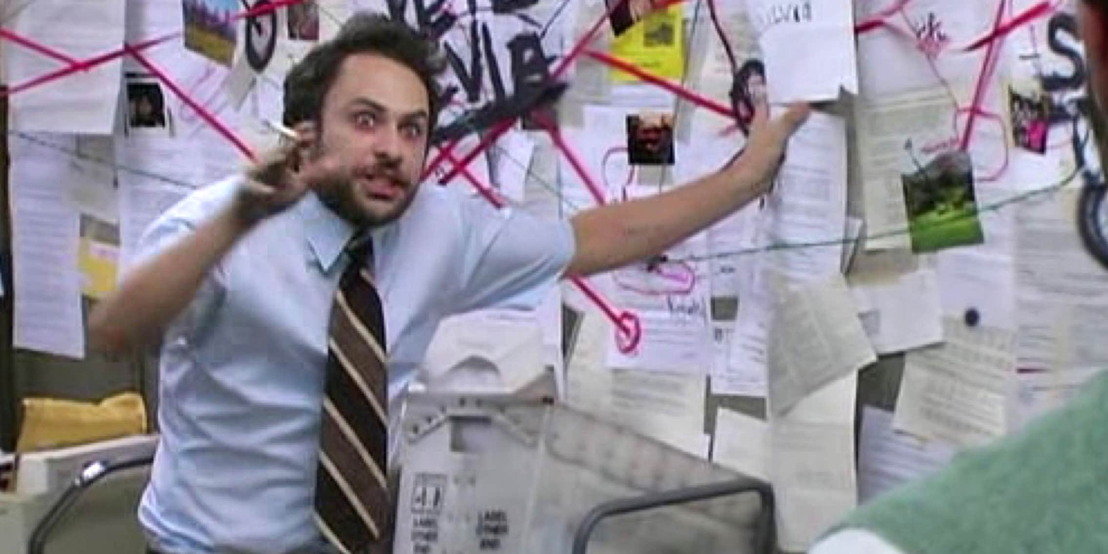 T/p is the type for the capture variables in p when it is matched against values in T Charlie Day gestures wildly in front of a board with papers connected by a web of red string