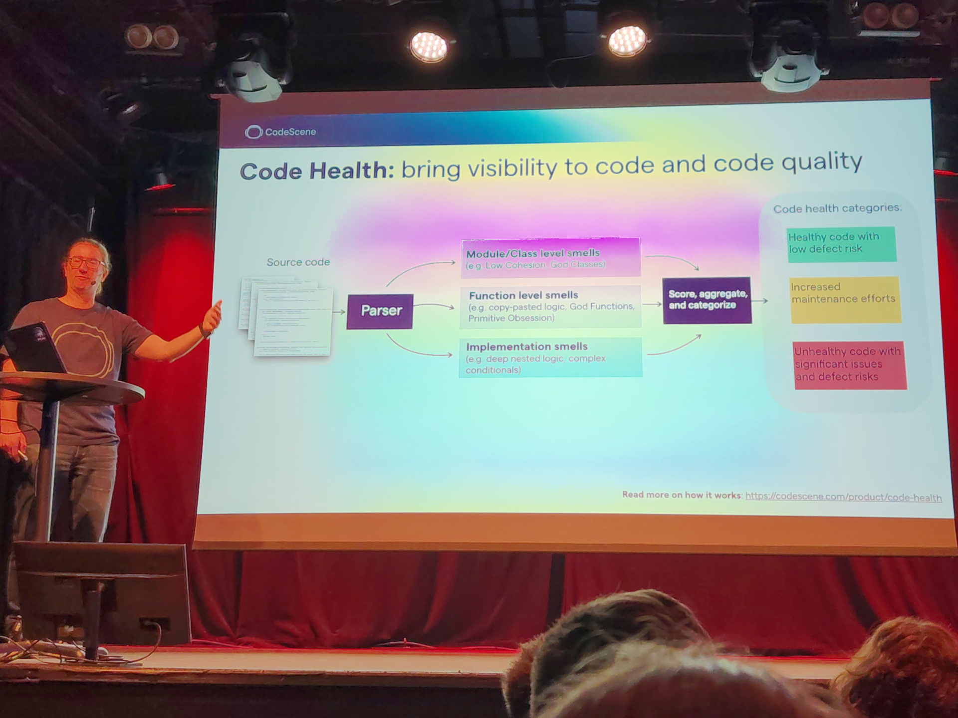 Recommendation: add a broccoli module Adam presents a slide labelled "Code Health: bring visibility to code and code quality"