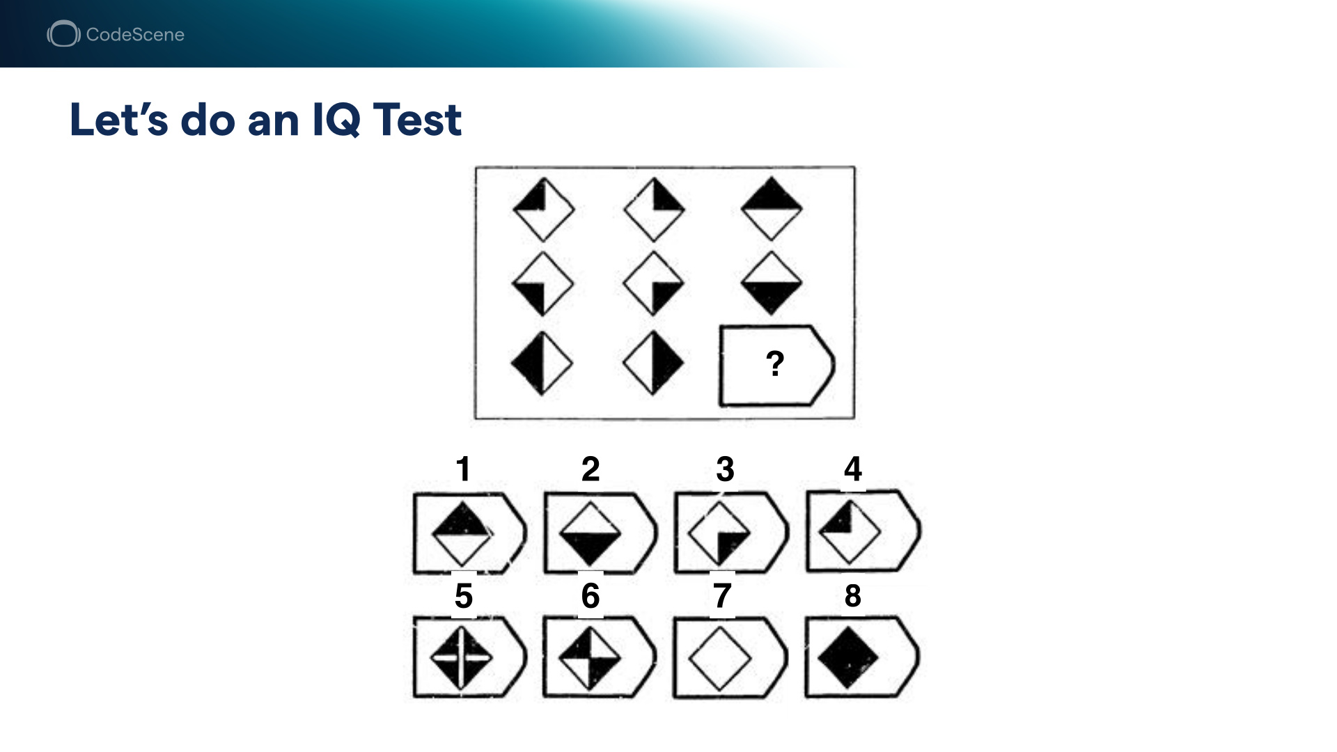 Is spatial reasoning really intelligence tho? A slide labelled "Let's do an IQ Test"