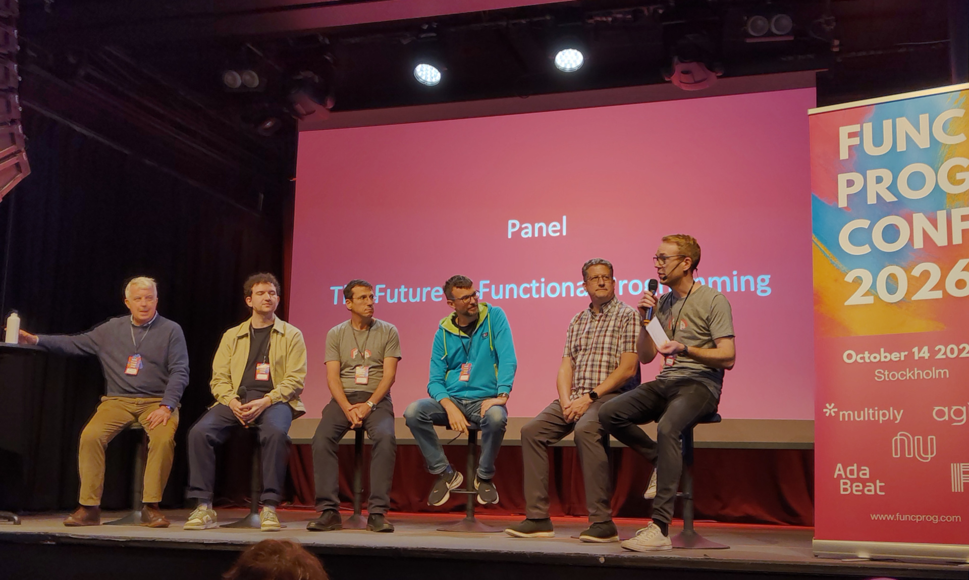 Let's get ready to rumble! Onstage from left to right: Giuseppe Castagna, Guillaume Duboc, Eric Torreborre, Adam Warski, Christoph Neumann, and Christoffer Ekeroth
