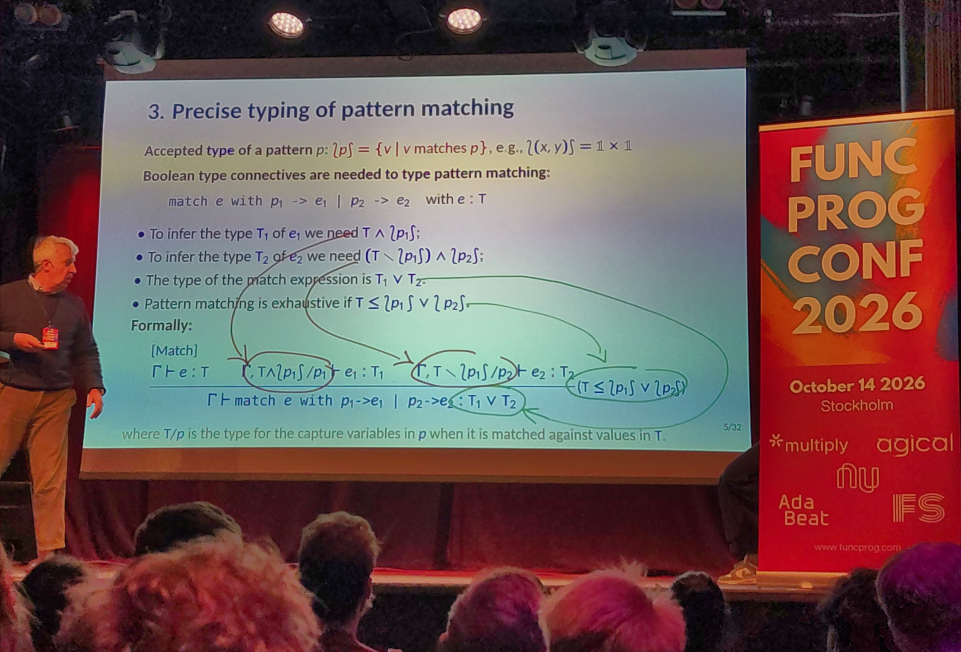 omg wtf etc Giuseppe presents a slide labelled "Precise typing of pattern matching"